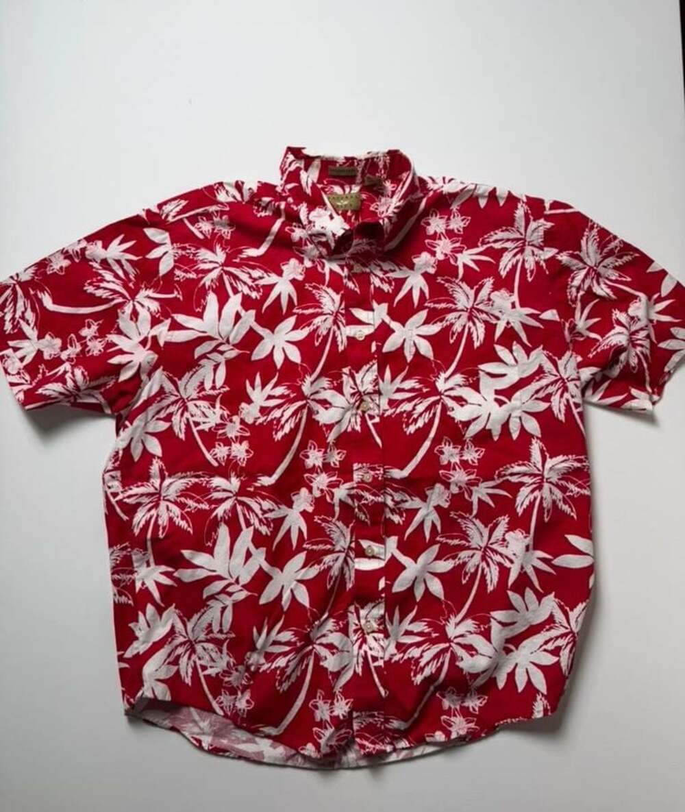 Wrinkle Free Hawaiian Shirt Men's Large Red Palm Tree Short Sleeve